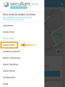 Menu lateral com opção Ajustar Ponto