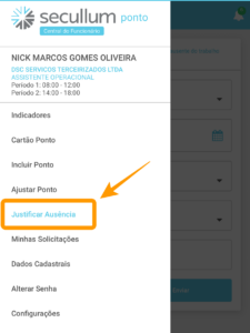 Menu lateral com opção Justificar Ausência