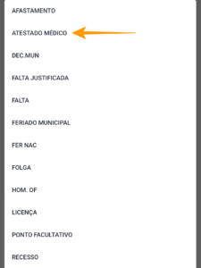 Lista de motivos com opção Atestado Médico